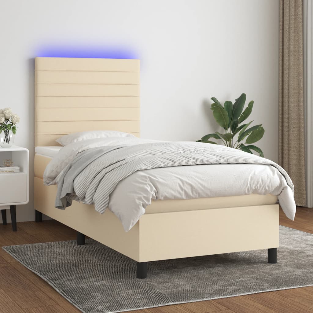 vidaXL Posteľ boxsping s matracom a LED krémová 100x200 cm látka