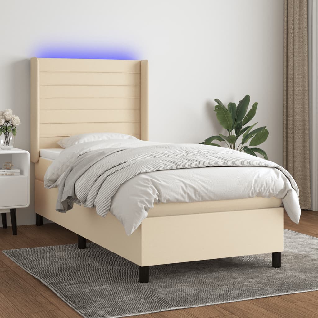 vidaXL Posteľ boxsping s matracom a LED krémová 100x200 cm látka