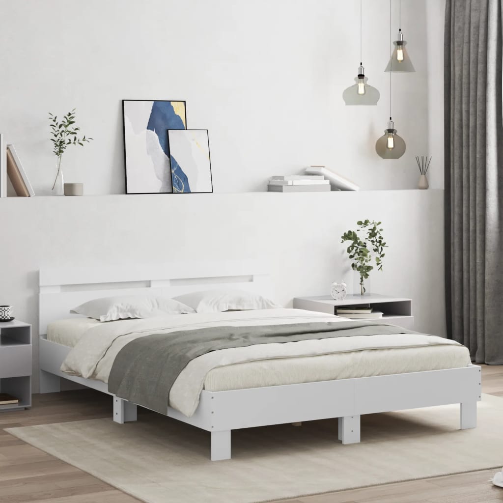 vidaXL Posteľný rám s čelom a LED biely 140x190 cm
