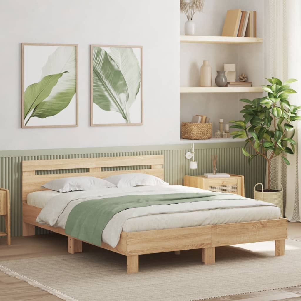 vidaXL Posteľný rám s čelom a LED dub sonoma 140x190 cm