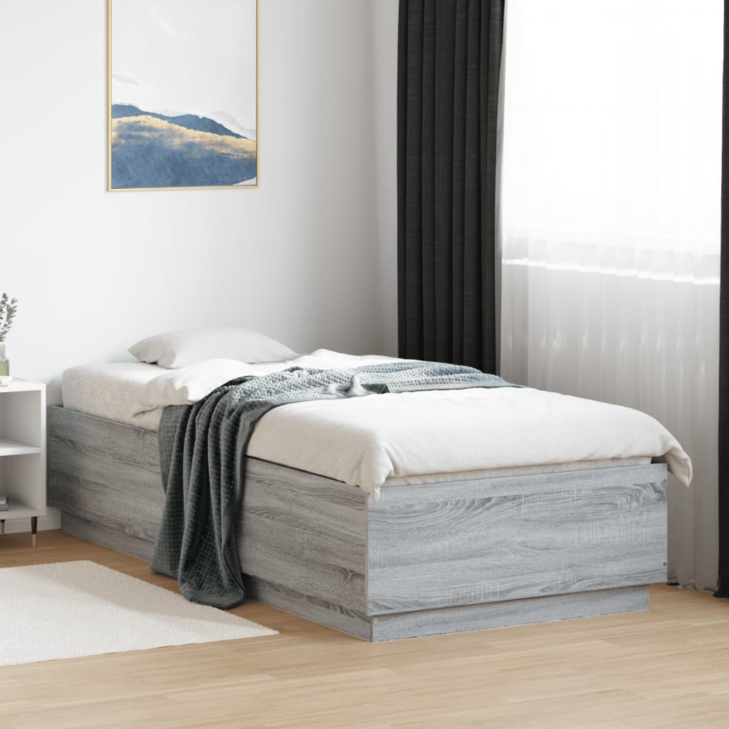 vidaXL Posteľný rám s LED svetlami sivý sonoma 90x200 cm kompoz. drevo