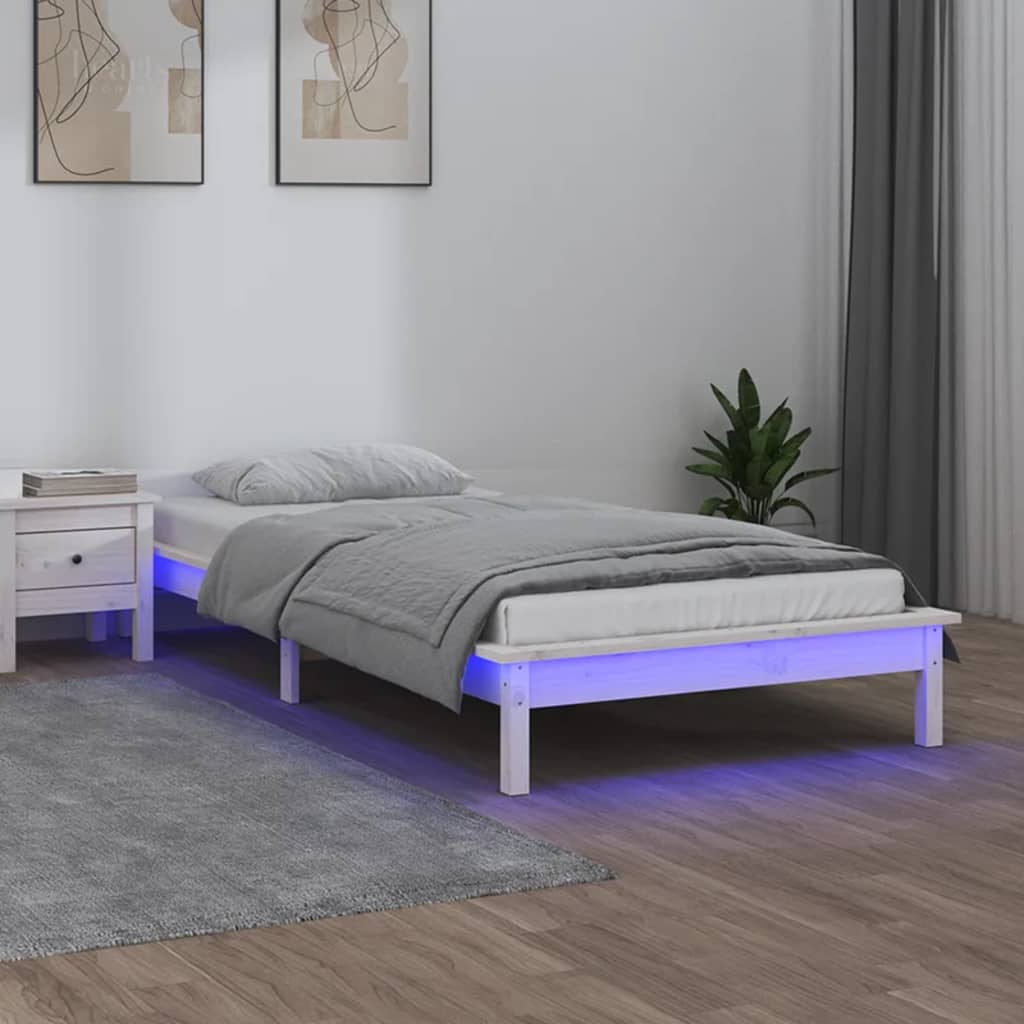 vidaXL Posteľný rám s LED biely 75x190cm malé jednolôžko masívne drevo