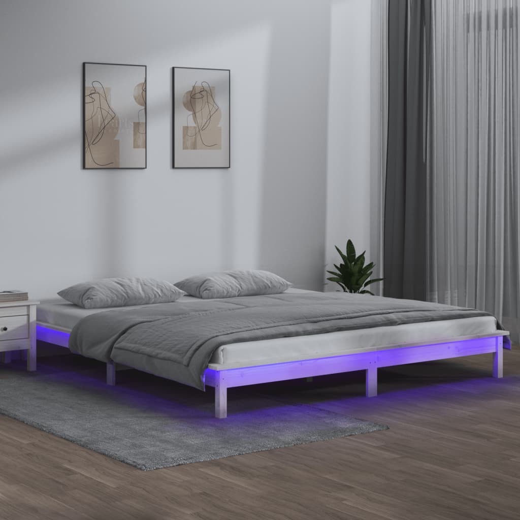 vidaXL Posteľný rám s LED, biely 150x200 cm, King, drevený masív