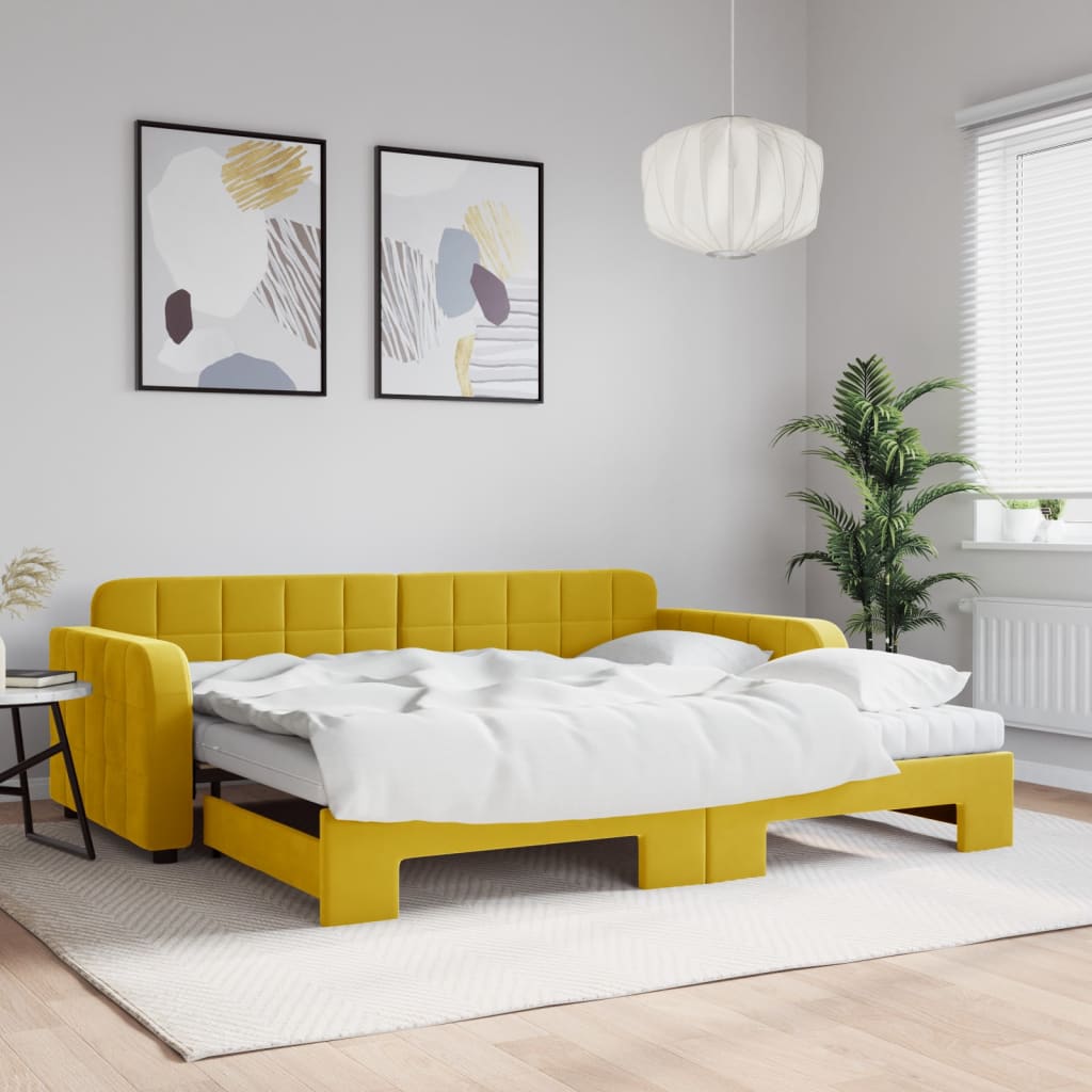 vidaXL Rozkladacia denná posteľ s matracmi žltá 90x200 cm zamat