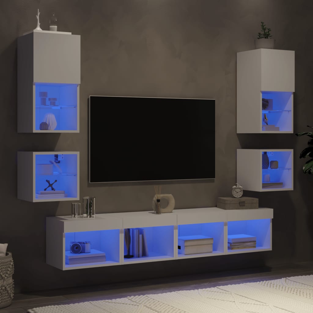 vidaXL 8-dielne TV nástenné skrinky s LED biele kompozitné drevo
