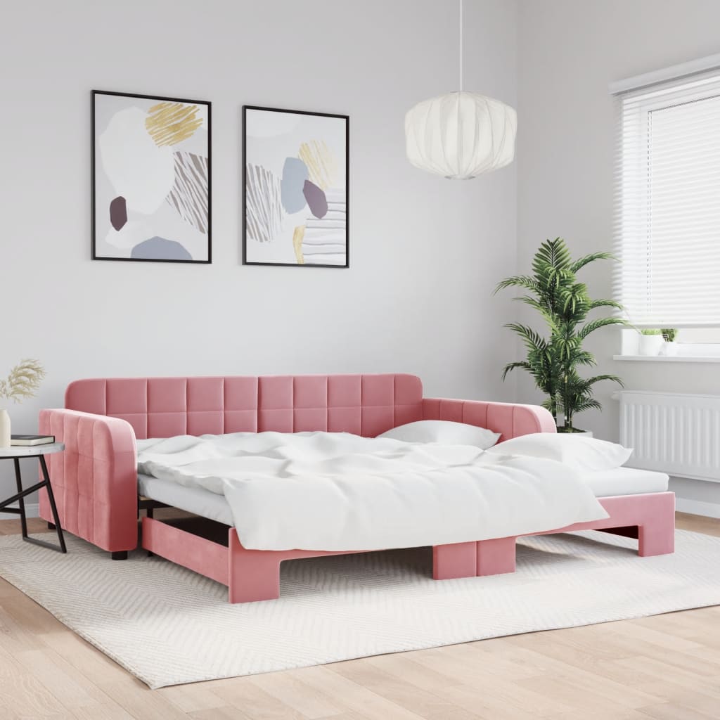 vidaXL Denná posteľ s rozkladacou posteľou ružová 100x200 cm zamat