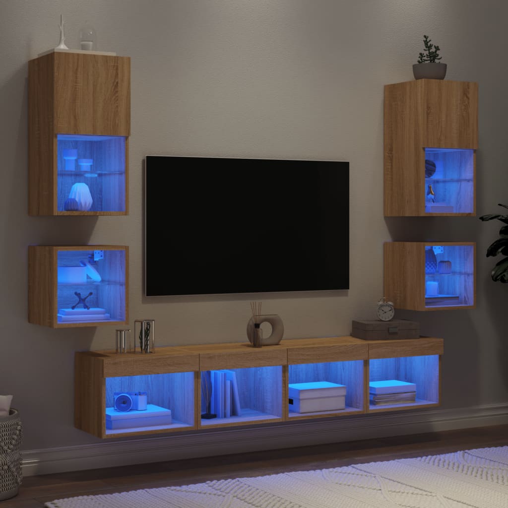 vidaXL 8-dielne TV nástenné skrinky s LED dub sonoma kompozitné drevo