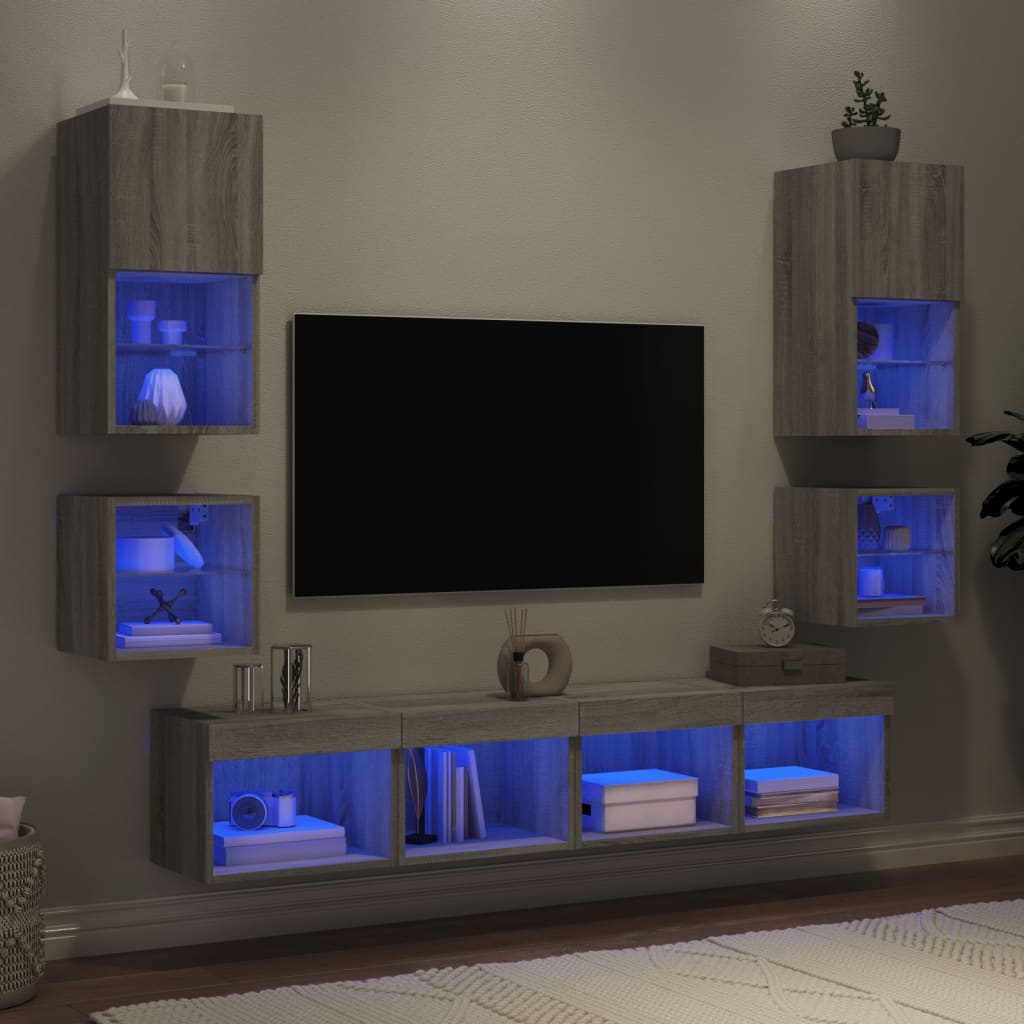vidaXL 8-dielne TV nástenné skrinky s LED sivé sonoma kompozitné drevo