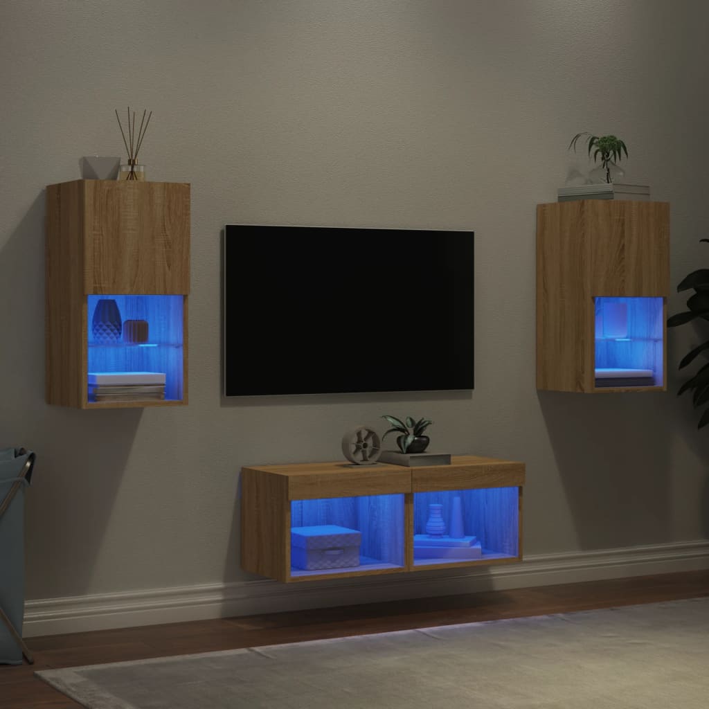 vidaXL 4-dielne TV nástenné skrinky s LED svetlami dub sonoma