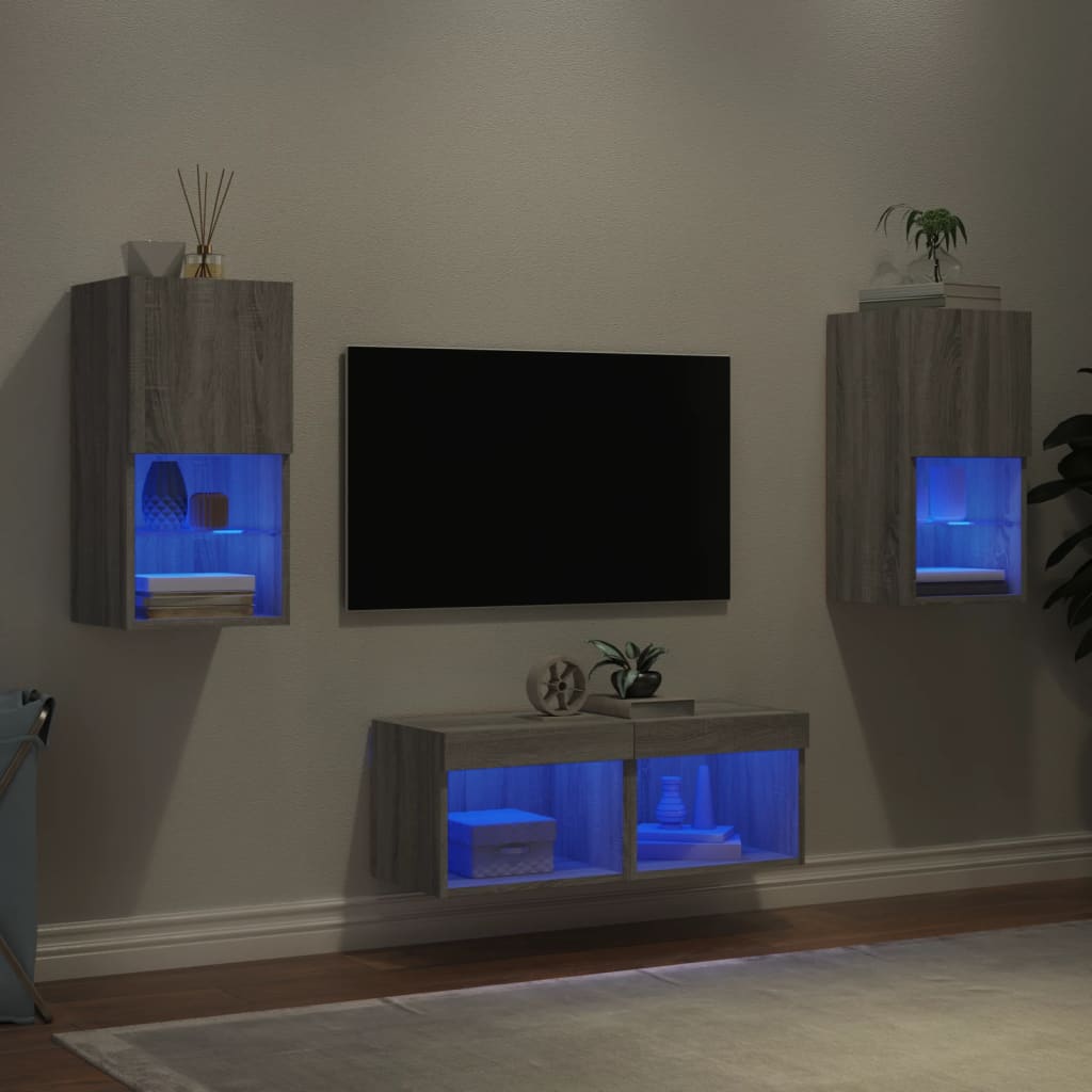 vidaXL 4-dielne TV nástenné skrinky s LED svetlami sivý dub sonoma