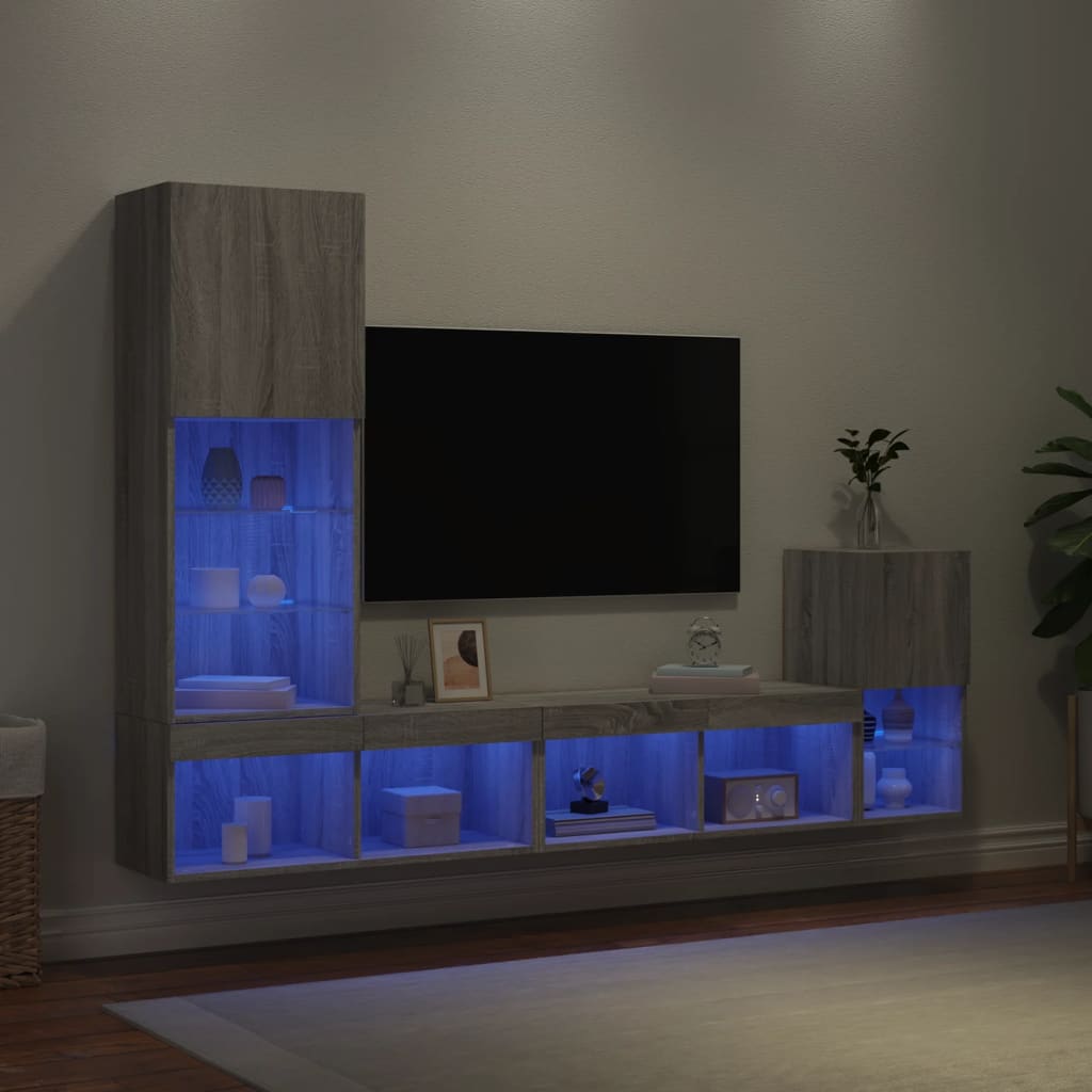 vidaXL 4-dielne TV nástenné skrinky s LED sivé sonoma kompozitné drevo