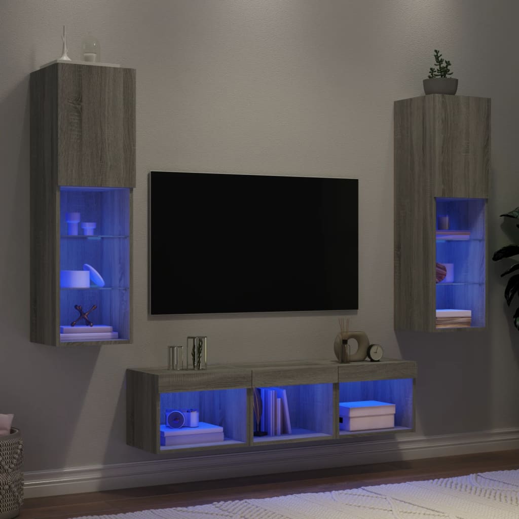 vidaXL 5-dielne TV nástenné skrinky s LED sivé sonoma kompozitné drevo