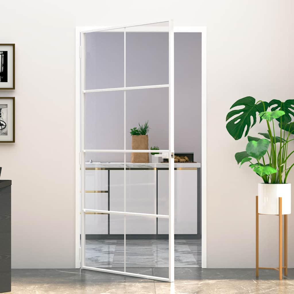 vidaXL Interiérové dvere biele 102x201,5 cm tvrdené sklo a hliník úzke