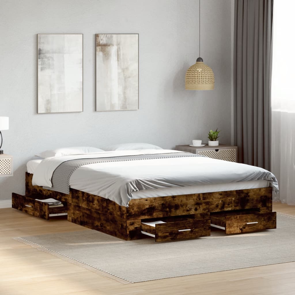 vidaXL Posteľný rám so zásuvkami dymový dub 140x190cm kompozitné drevo