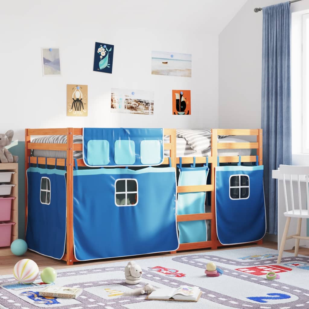 vidaXL Poschodová posteľ so závesmi modrá 90x190 cm masívna borovica