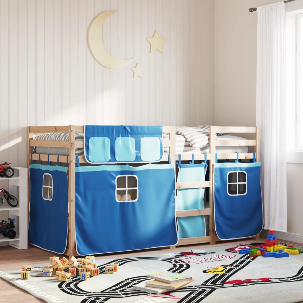 vidaXL Poschodová posteľ so závesmi modrá 75x190 cm masívna borovica