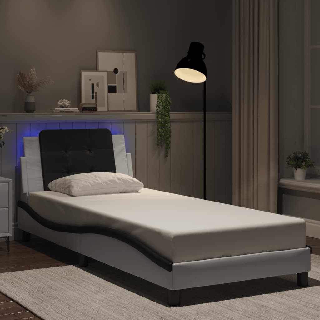 vidaXL Posteľný rám s LED svetlami, bielo čierny 100x200cm, umelá koža