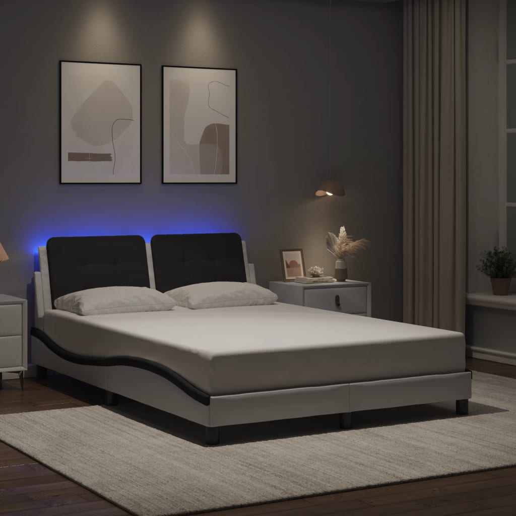 vidaXL Posteľný rám s LED svetlami, bielo čierny 120x200cm, umelá koža