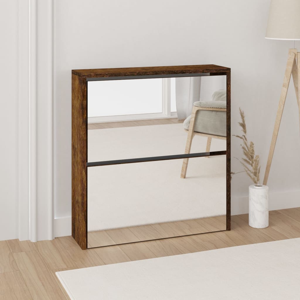 vidaXL Botník so zrkadlom 2-poschodový dymový dub 63x17x67 cm
