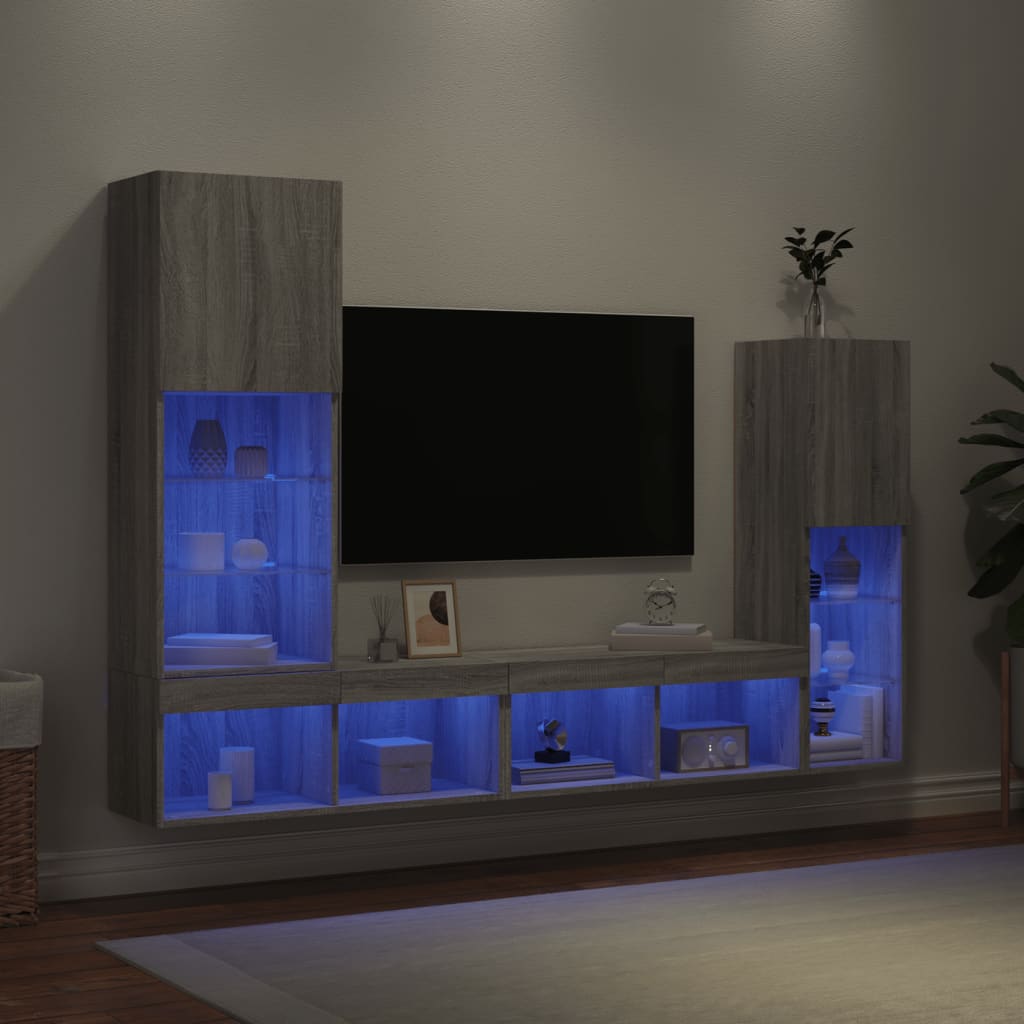 vidaXL 4-dielne TV nástenné skrinky s LED sivé sonoma kompozitné drevo