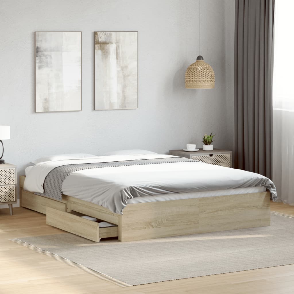 vidaXL Posteľný rám so zásuvkami dub sonoma 135x190cm kompozitné drevo