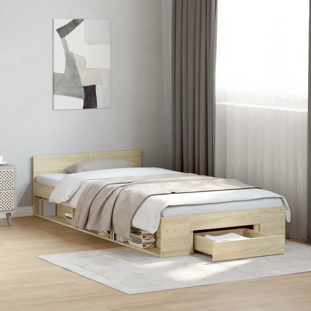 vidaXL Posteľný rám so zásuvkami dub sonoma 90x190 cm kompozitné drevo