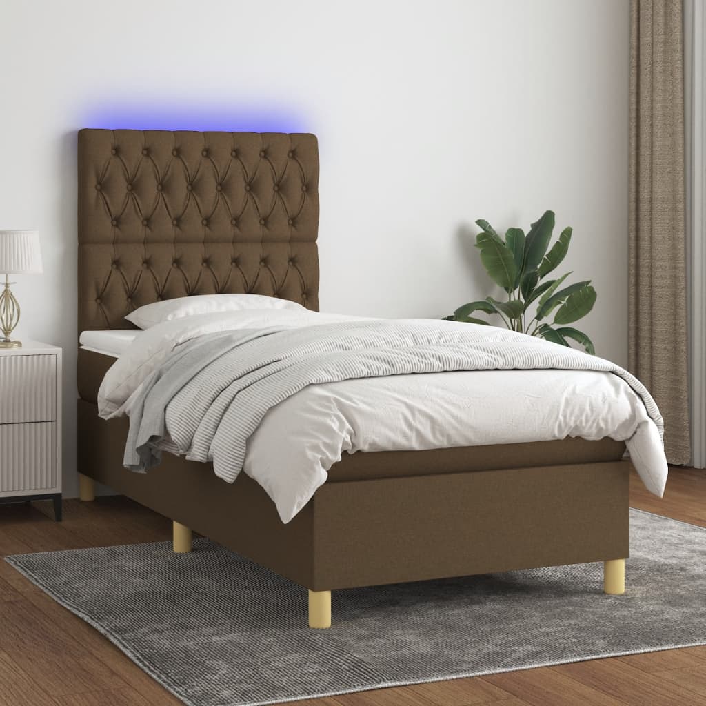 vidaXL Posteľ boxsping s matracom a LED tmavohnedá 100x200 cm látka