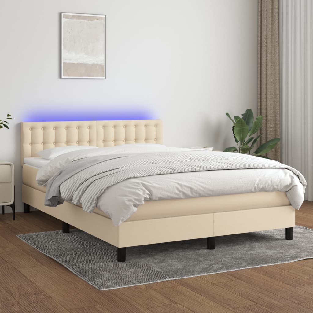 vidaXL Posteľ boxsping s matracom a LED krémová 140x200 cm látka