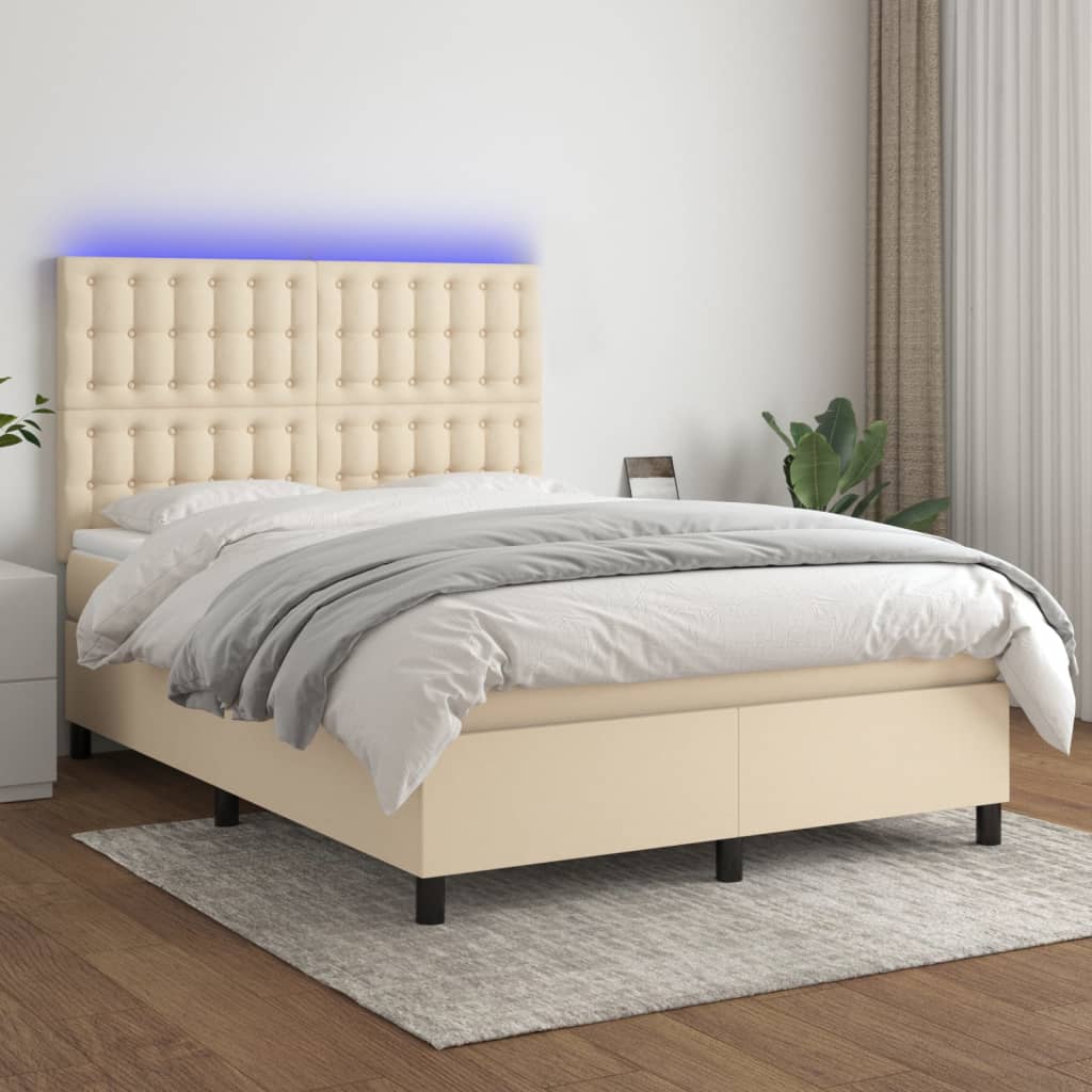 vidaXL Posteľ boxsping s matracom a LED krémová 140x200 cm látka