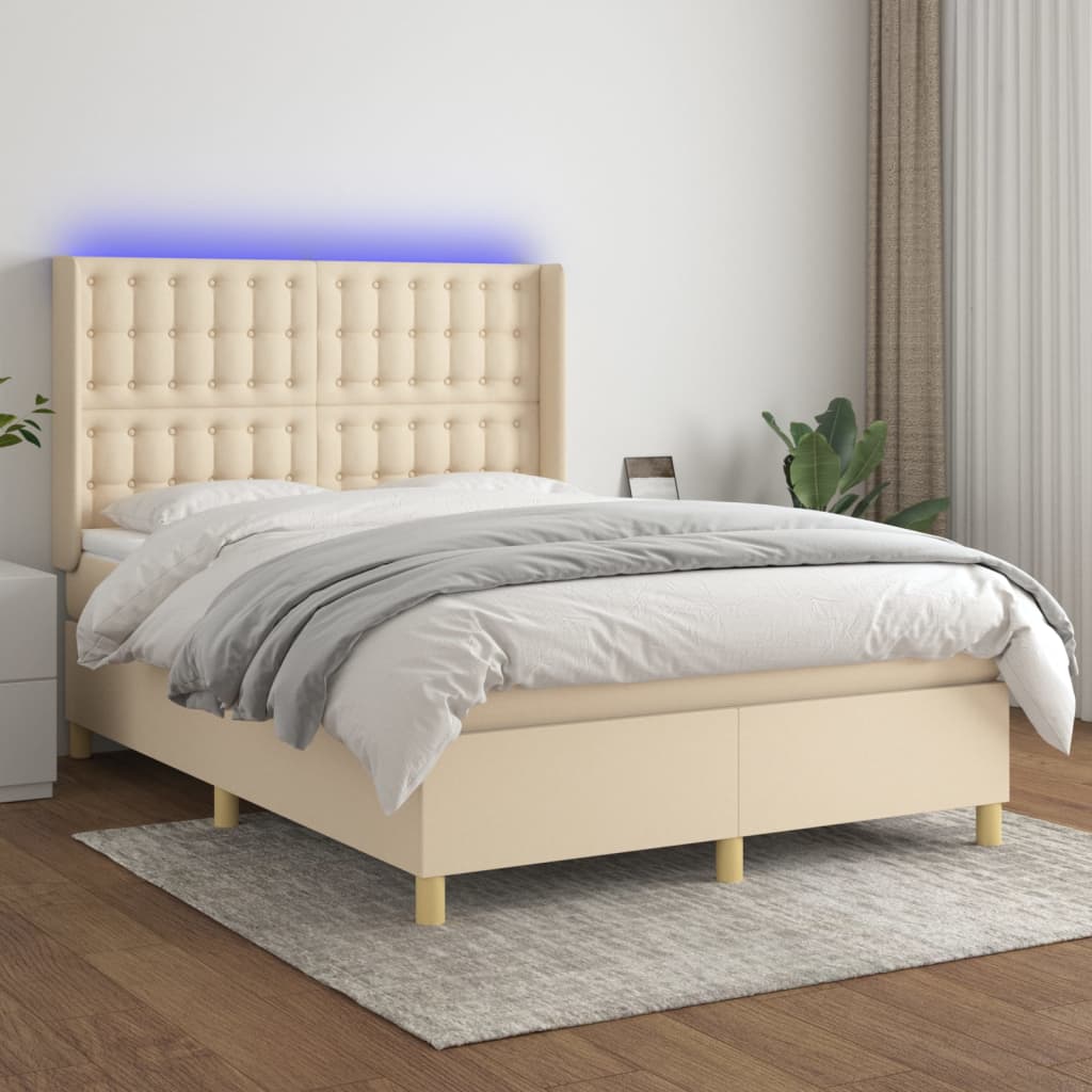 vidaXL Posteľ boxsping s matracom a LED krémová 140x200 cm látka