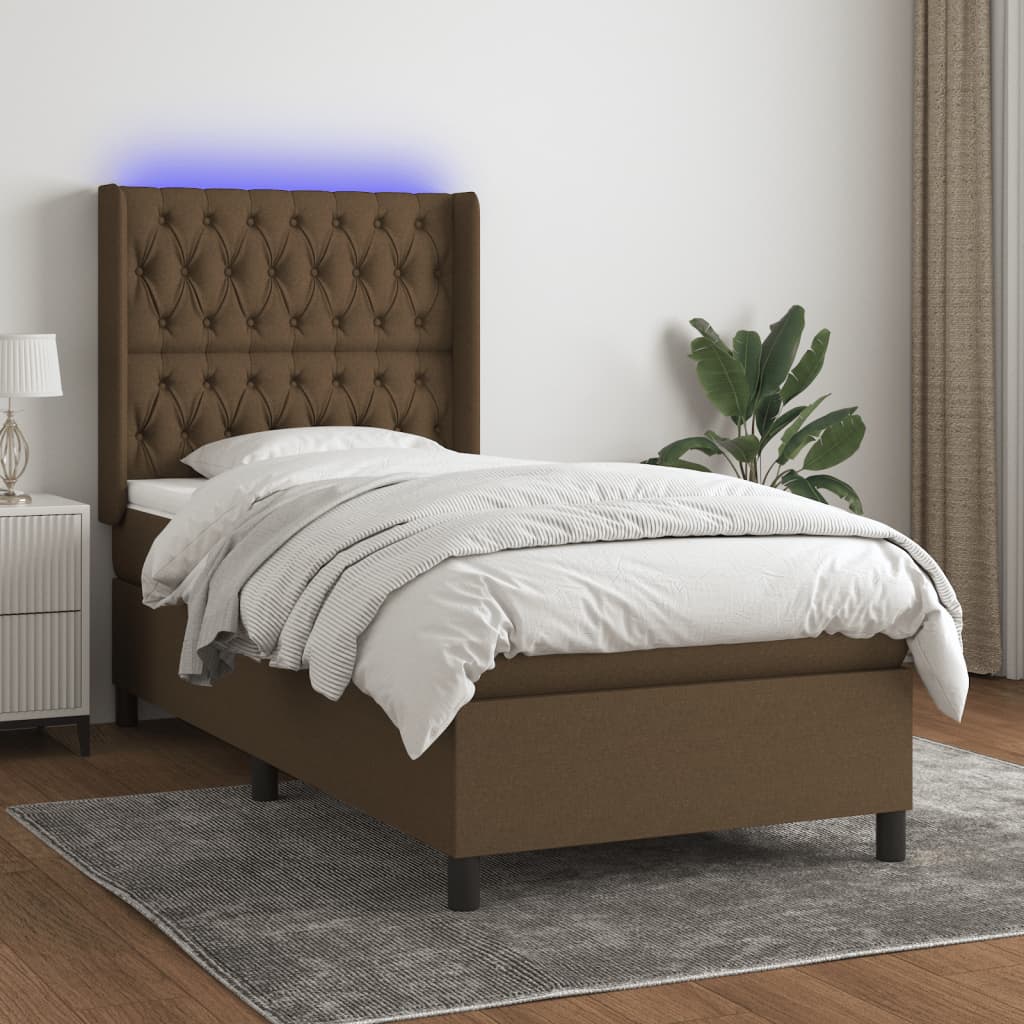 vidaXL Posteľ boxsping s matracom a LED tmavohnedá 100x200 cm látka