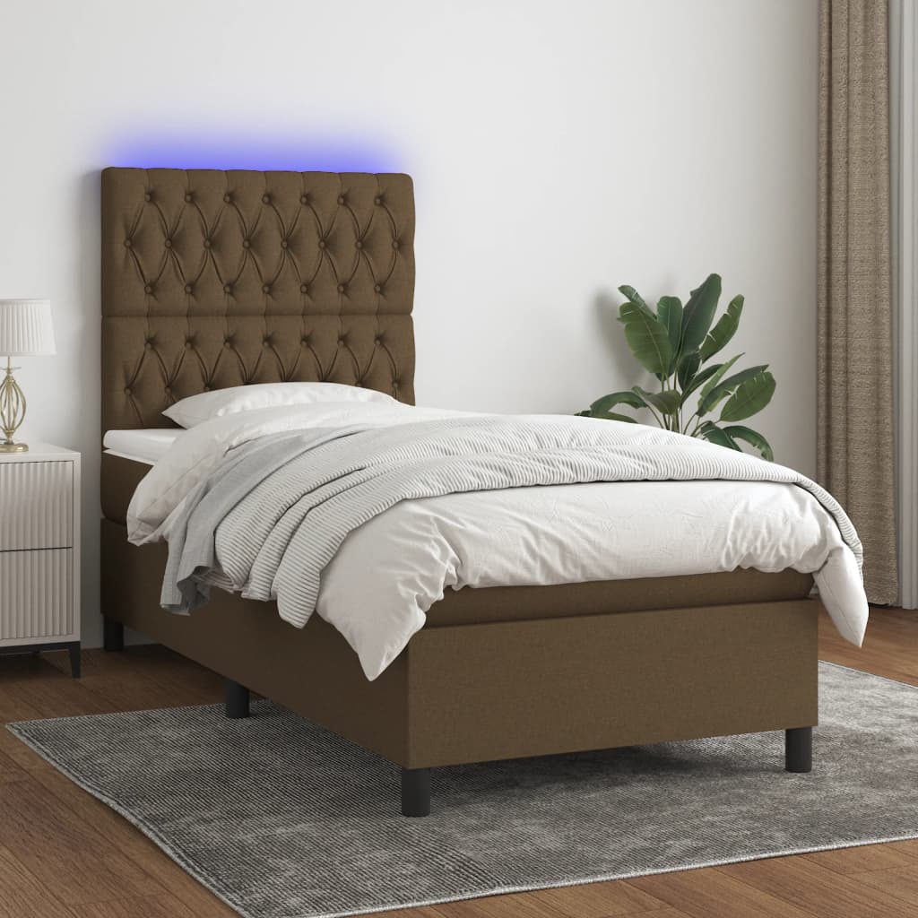 vidaXL Posteľ boxsping s matracom a LED tmavohnedá 100x200 cm látka