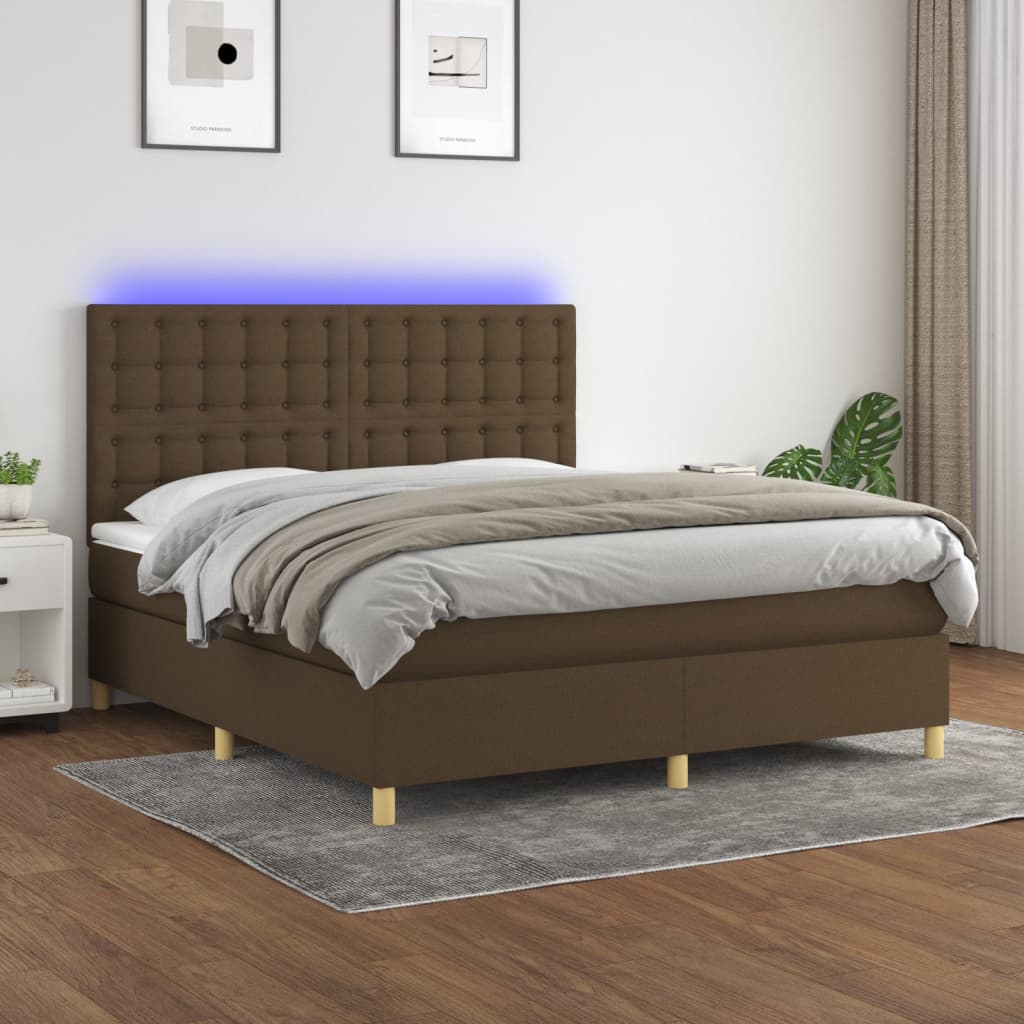vidaXL Posteľ boxsping s matracom a LED tmavohnedá 180x200 cm látka