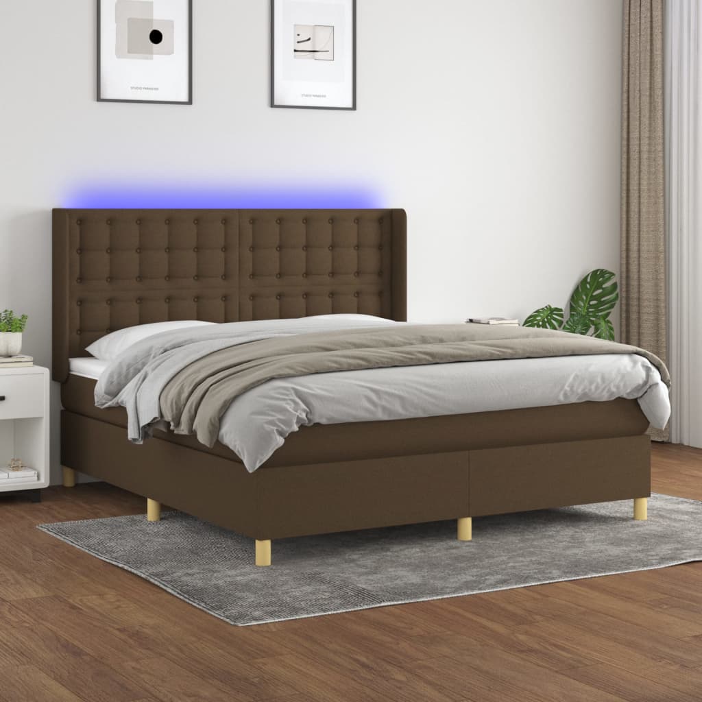 vidaXL Posteľ boxsping s matracom a LED tmavohnedá 180x200 cm látka