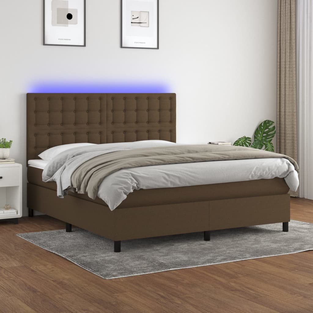 vidaXL Posteľ boxsping s matracom a LED tmavohnedá 180x200 cm látka