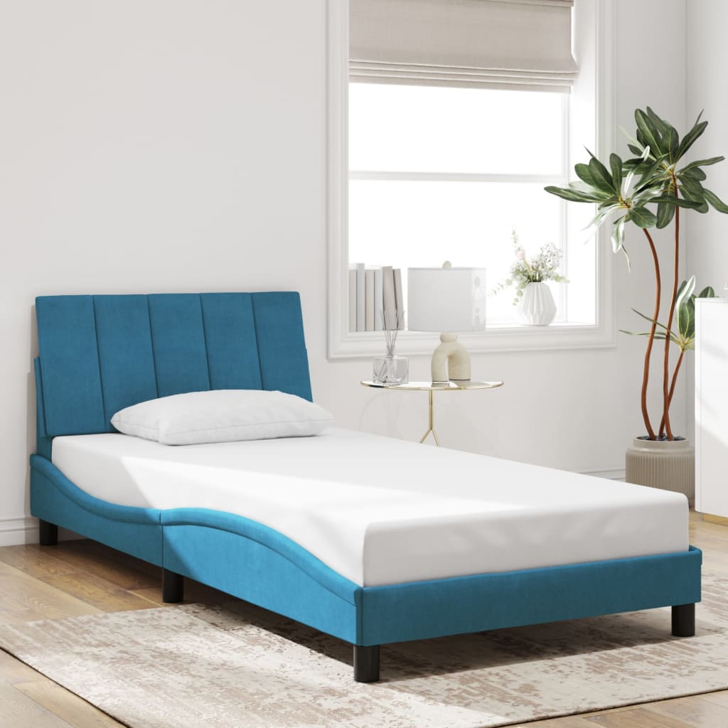 vidaXL Posteľný rám s čelom modrý 100x200 cm zamat