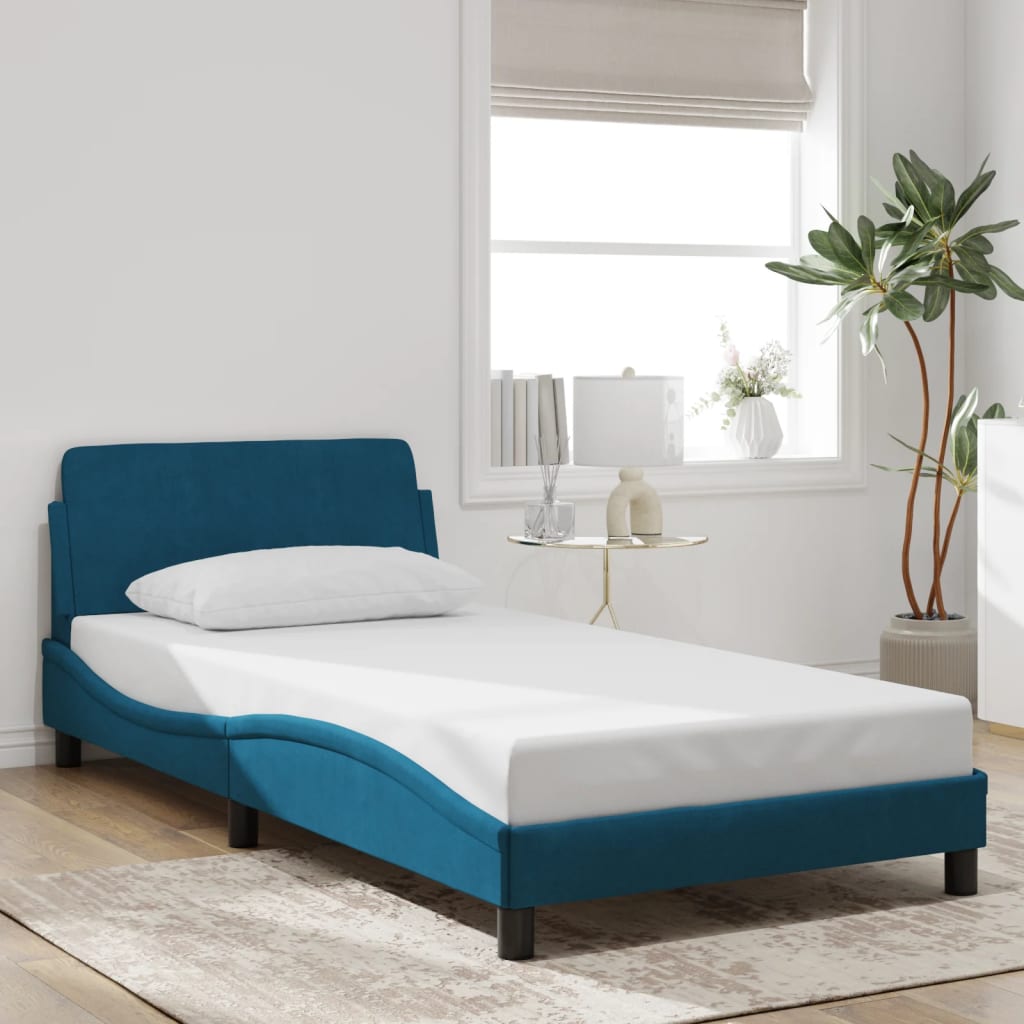vidaXL Posteľný rám s čelom modrý 100x200 cm zamat