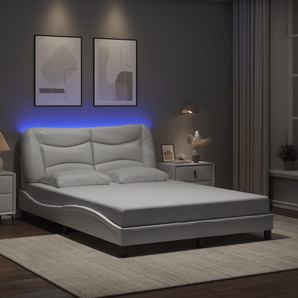 vidaXL Posteľný rám s LED svetlami, biely 120x200 cm, umelá koža