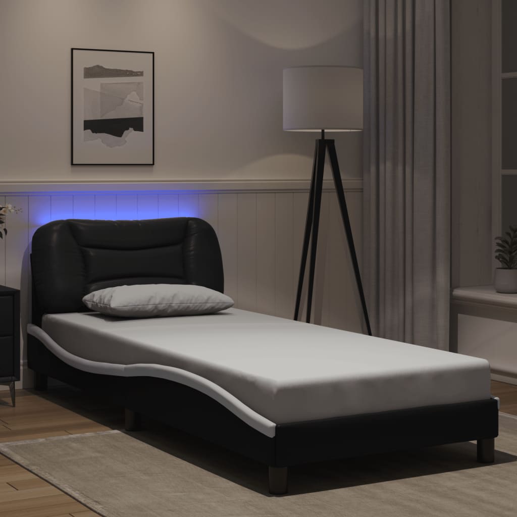 vidaXL Posteľný rám s LED svetlami, čierno biely 90x190 cm, umelá koža