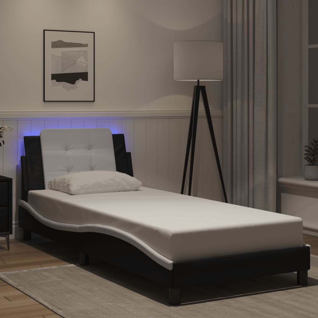 vidaXL Posteľný rám s LED svetlami, čierno biely 90x190 cm, umelá koža