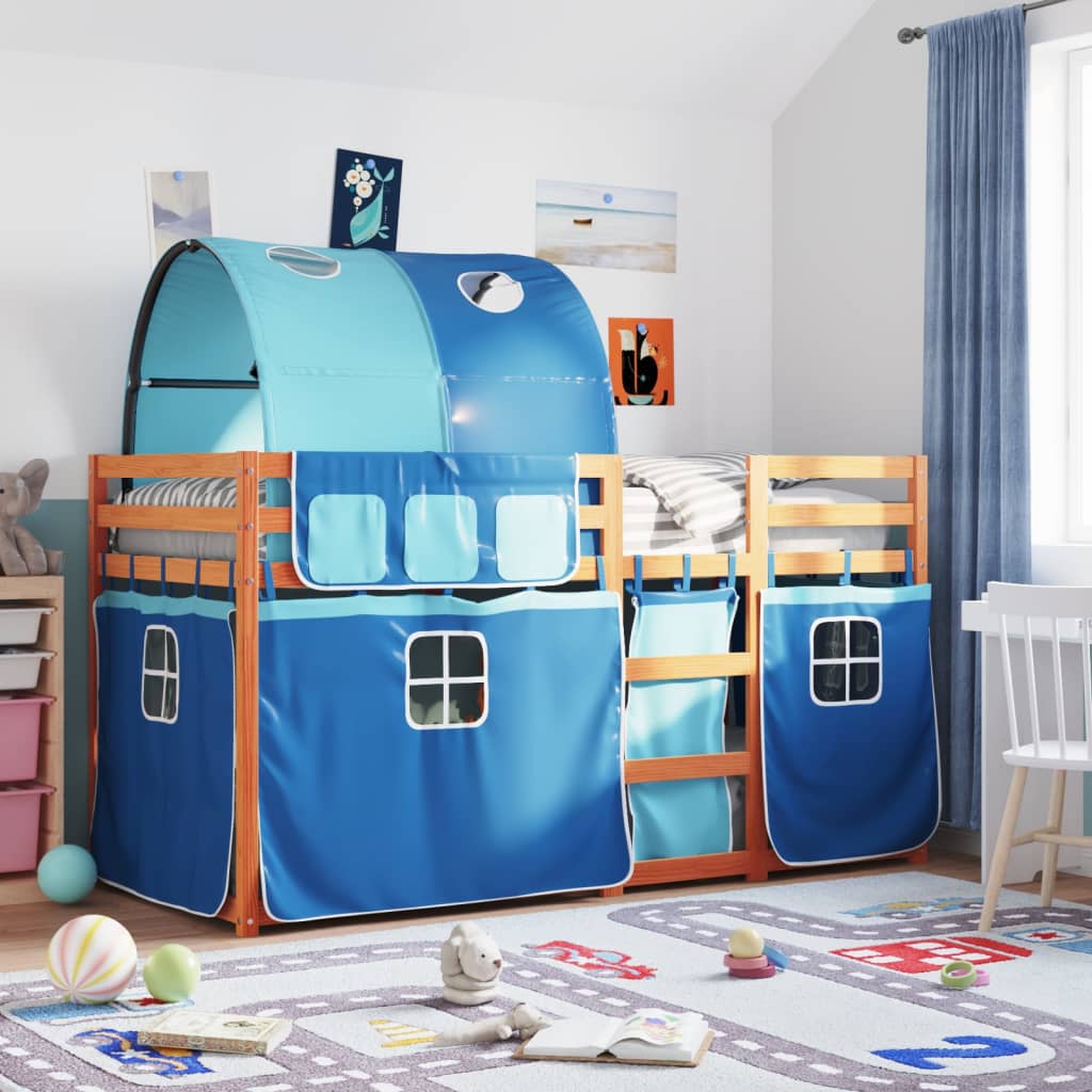 vidaXL Poschodová posteľ so závesmi modrá 75x190 cm masívna borovica