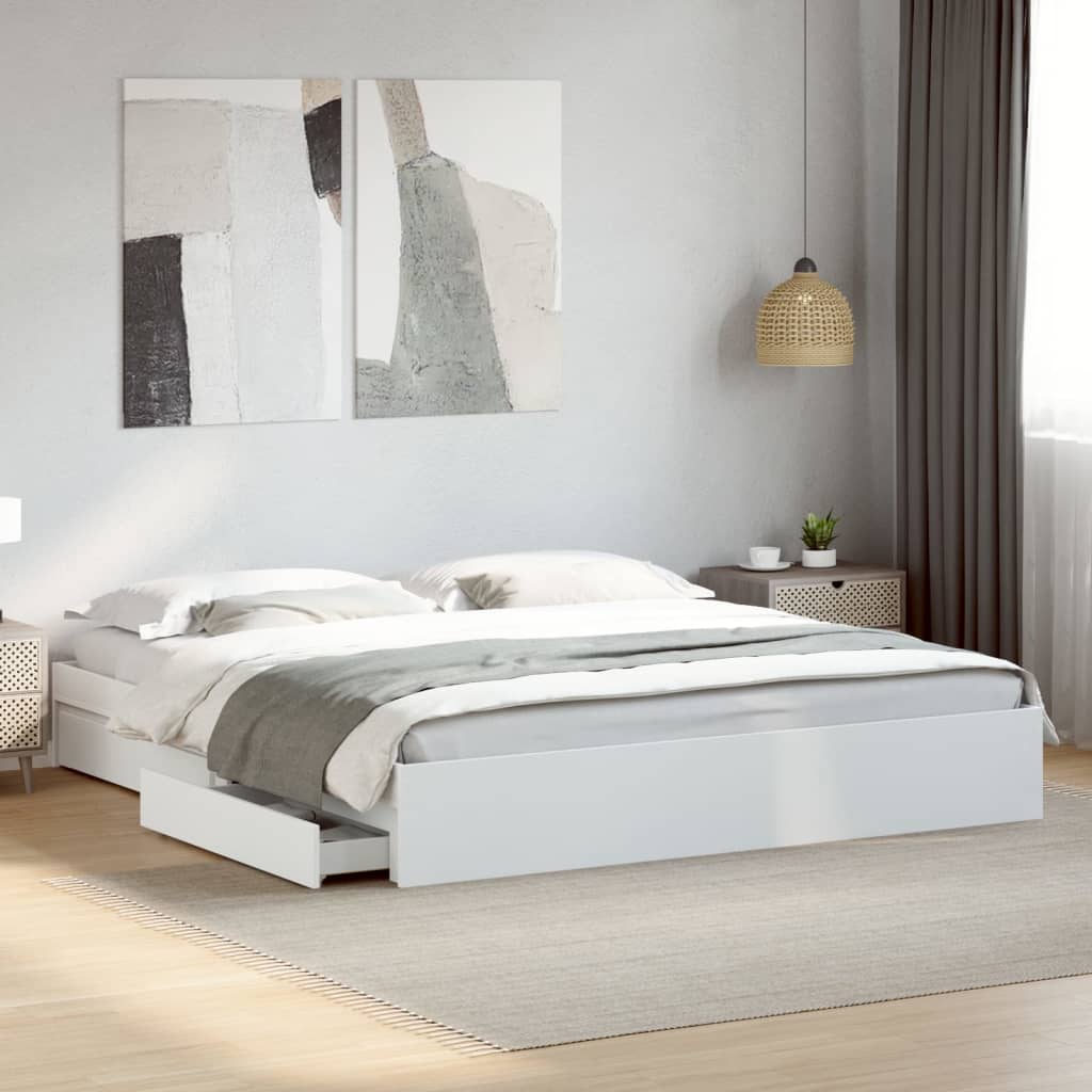 vidaXL Posteľný rám so zásuvkami biely 200x200 cm kompozitné drevo
