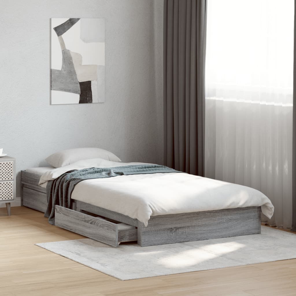 vidaXL Posteľný rám so zásuvkami sivý sonoma 90x190cm kompozitné drevo
