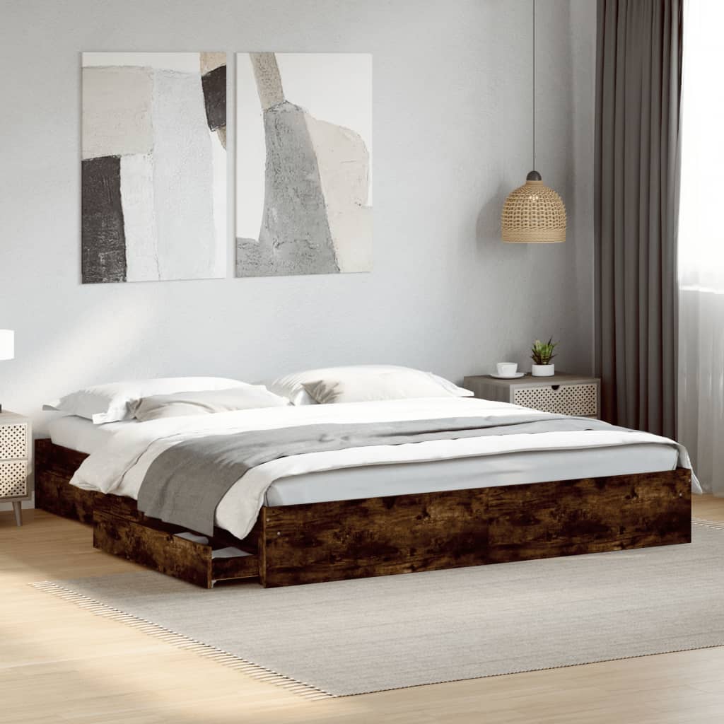 vidaXL Posteľný rám so zásuvkami dymový dub 200x200cm kompozitné drevo