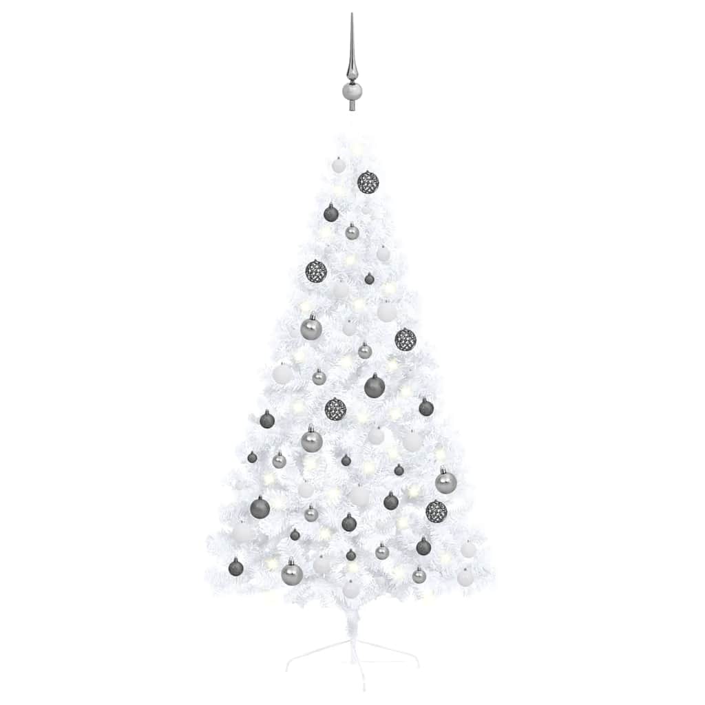 vidaXL Osvetlený umelý polovičný vianočný stromček+gule, biely 150 cm