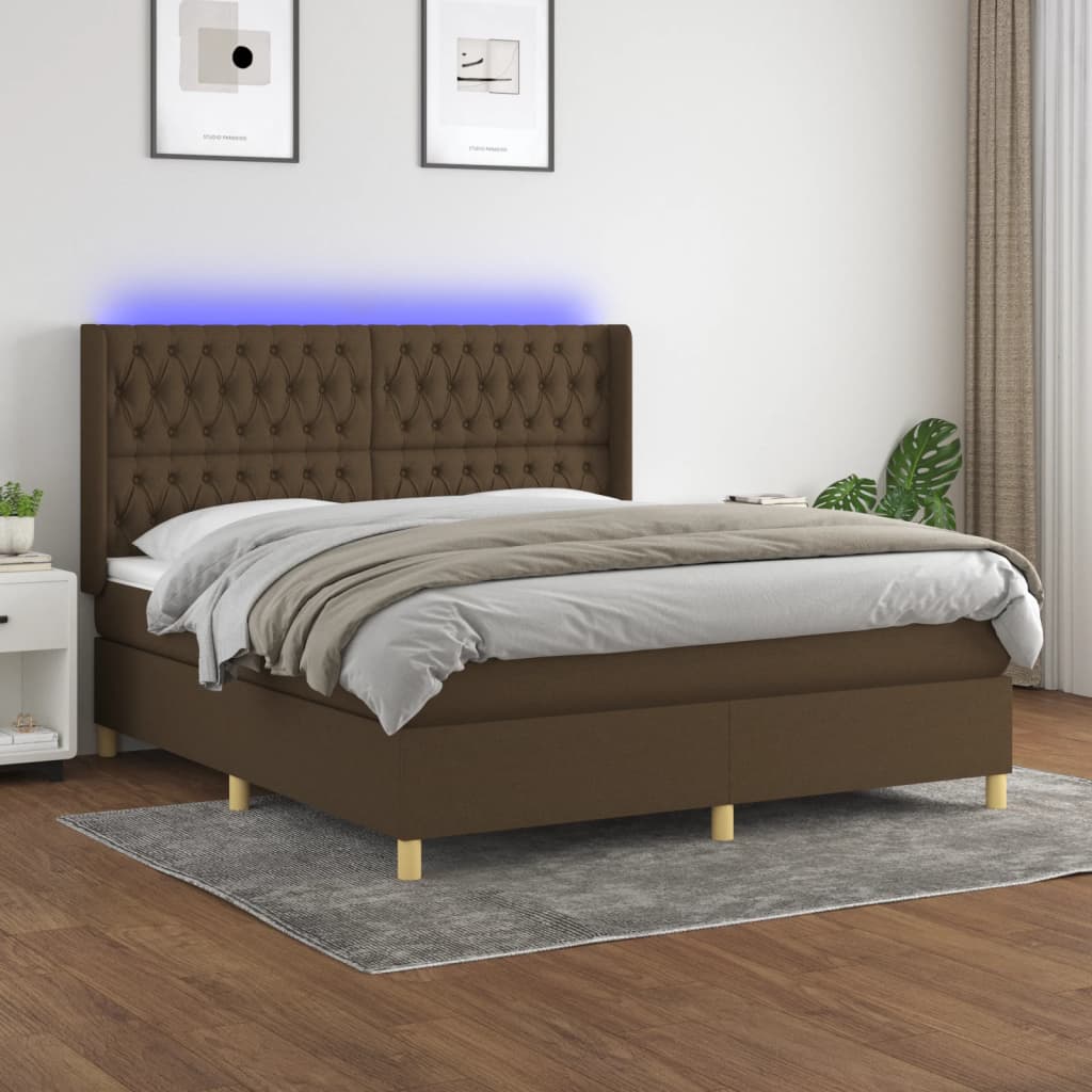 vidaXL Posteľ boxsping s matracom a LED tmavohnedá 180x200 cm látka