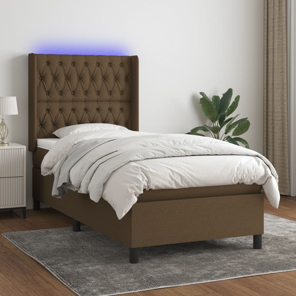 vidaXL Posteľ boxsping s matracom a LED tmavohnedá 90x200 cm látka
