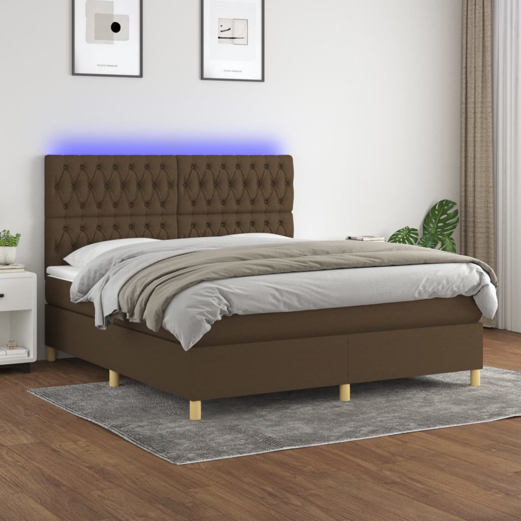 vidaXL Posteľ boxsping s matracom a LED tmavohnedá 180x200 cm látka