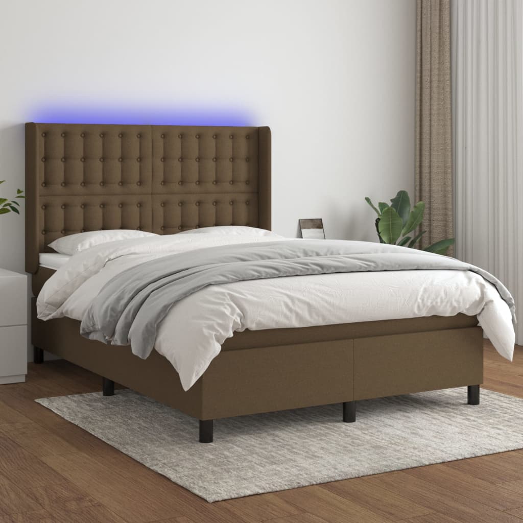 vidaXL Posteľ boxsping s matracom a LED tmavohnedá 140x190 cm látka