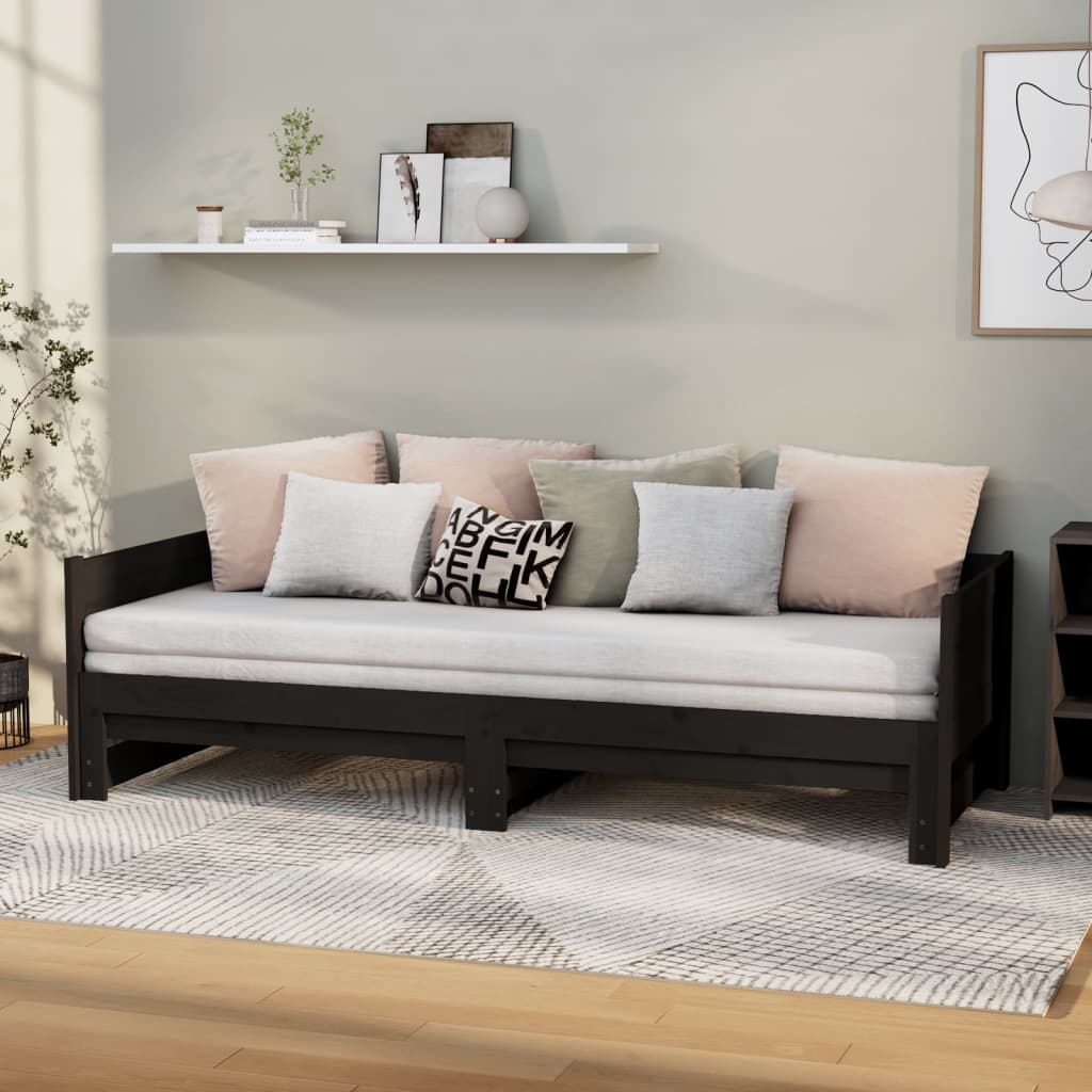 vidaXL Rozkladacia denná posteľ čierna borovicový masív 2x(90x200) cm